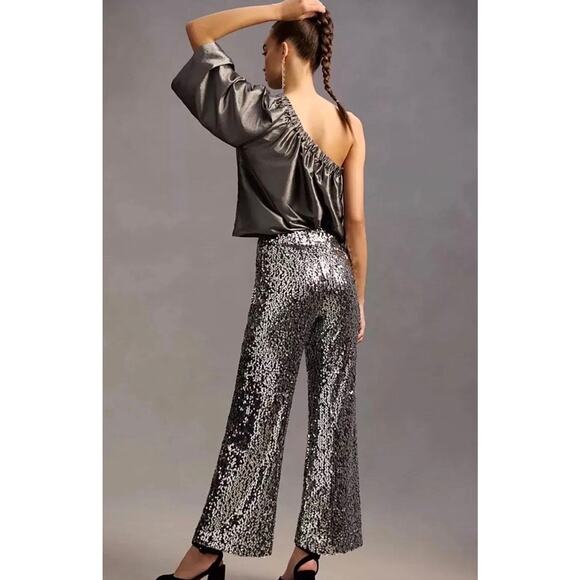Maeve Anthropologie Colette Cropped Wide-Leg Sequin Pants Silver Size 32 Party - Picture 4 of 11